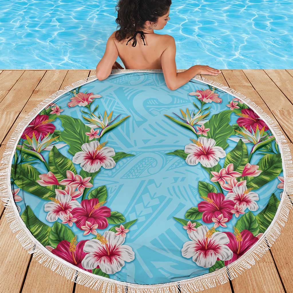 Hawaii Tropical Flowers Beach Blanket Sky Blue Polynesian Tattoo Art