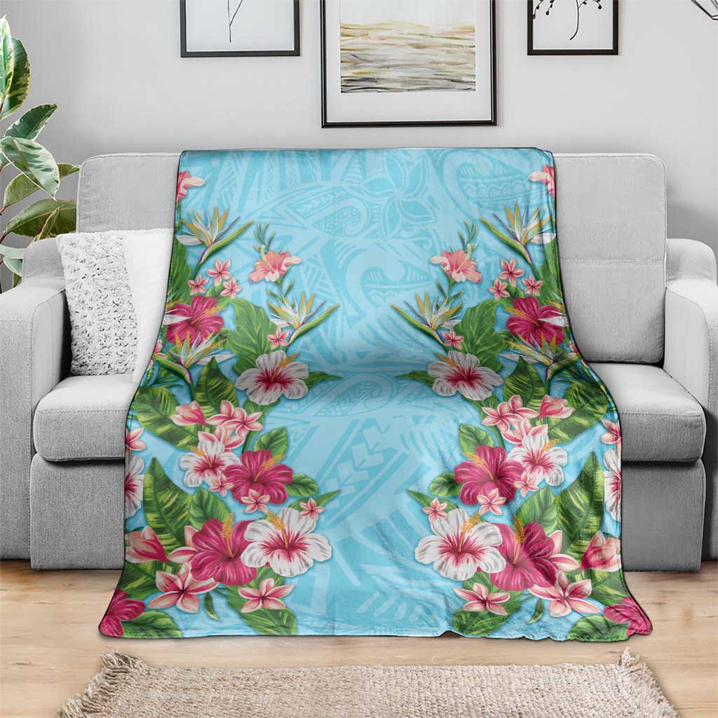 Hawaii Tropical Flowers Blanket Sky Blue Polynesian Tattoo Art LT05 - Polynesian Pride
