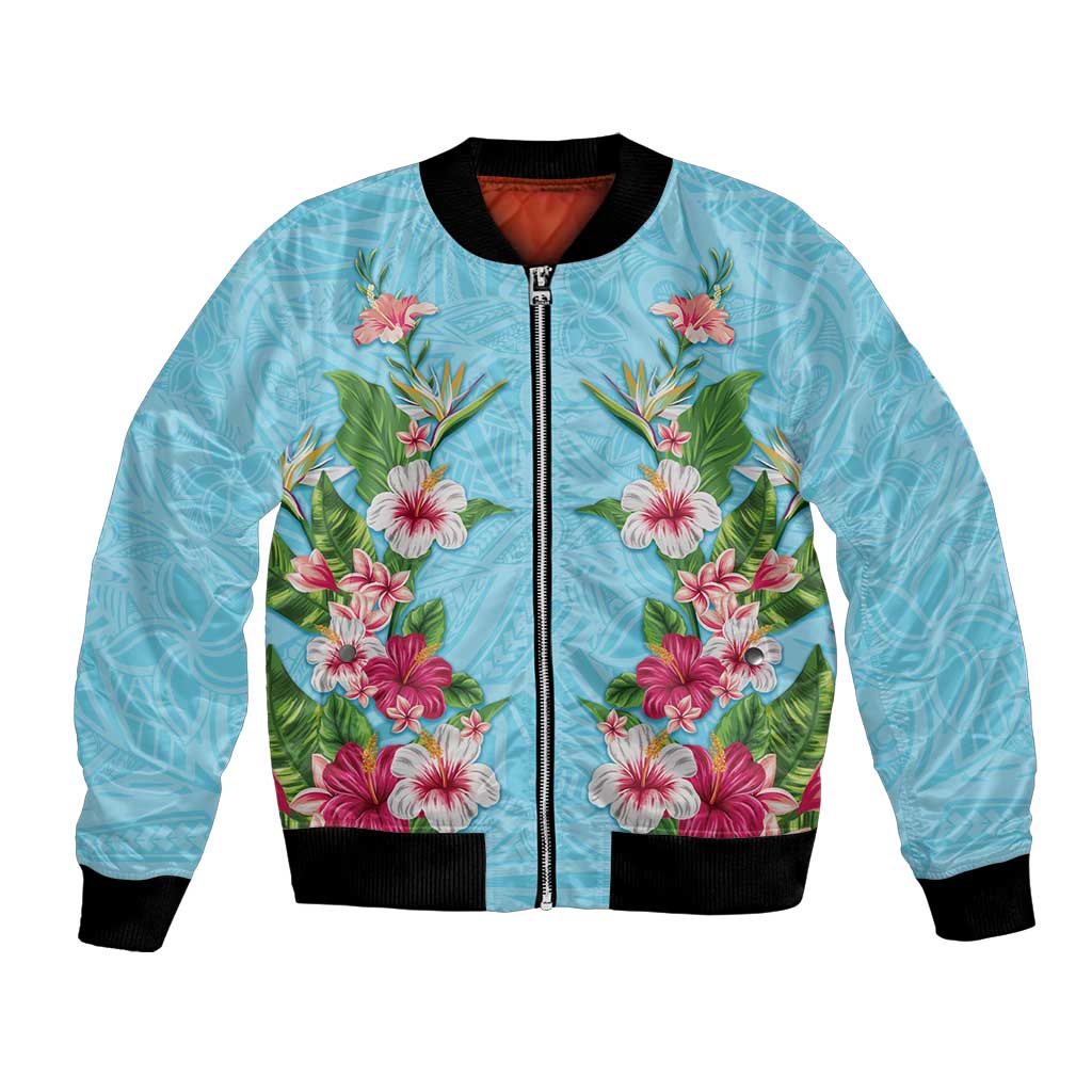 Hawaii Tropical Flowers Bomber Jacket Sky Blue Polynesian Tattoo Art