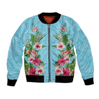Hawaii Tropical Flowers Bomber Jacket Sky Blue Polynesian Tattoo Art