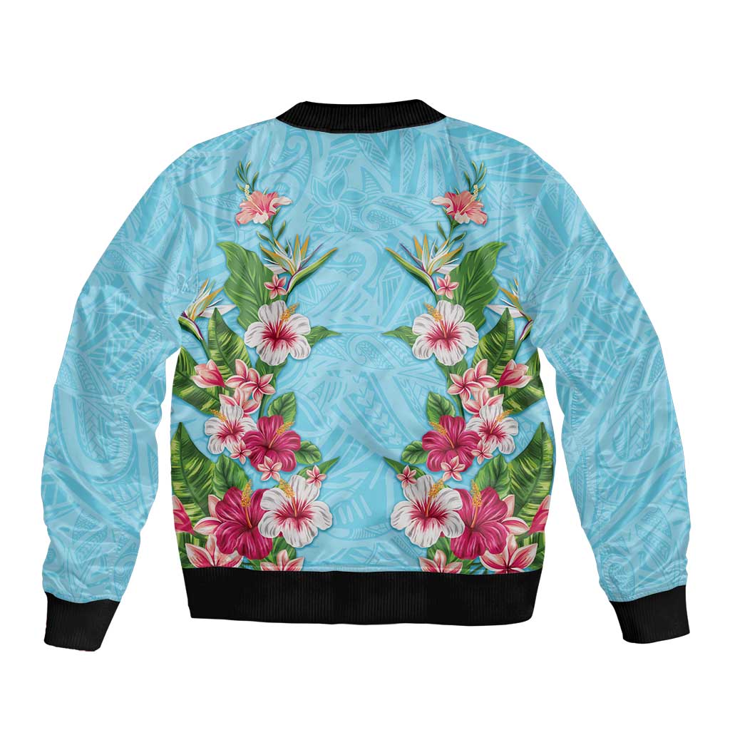 Hawaii Tropical Flowers Bomber Jacket Sky Blue Polynesian Tattoo Art