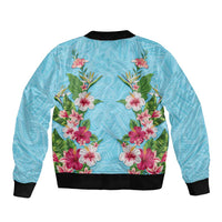Hawaii Tropical Flowers Bomber Jacket Sky Blue Polynesian Tattoo Art