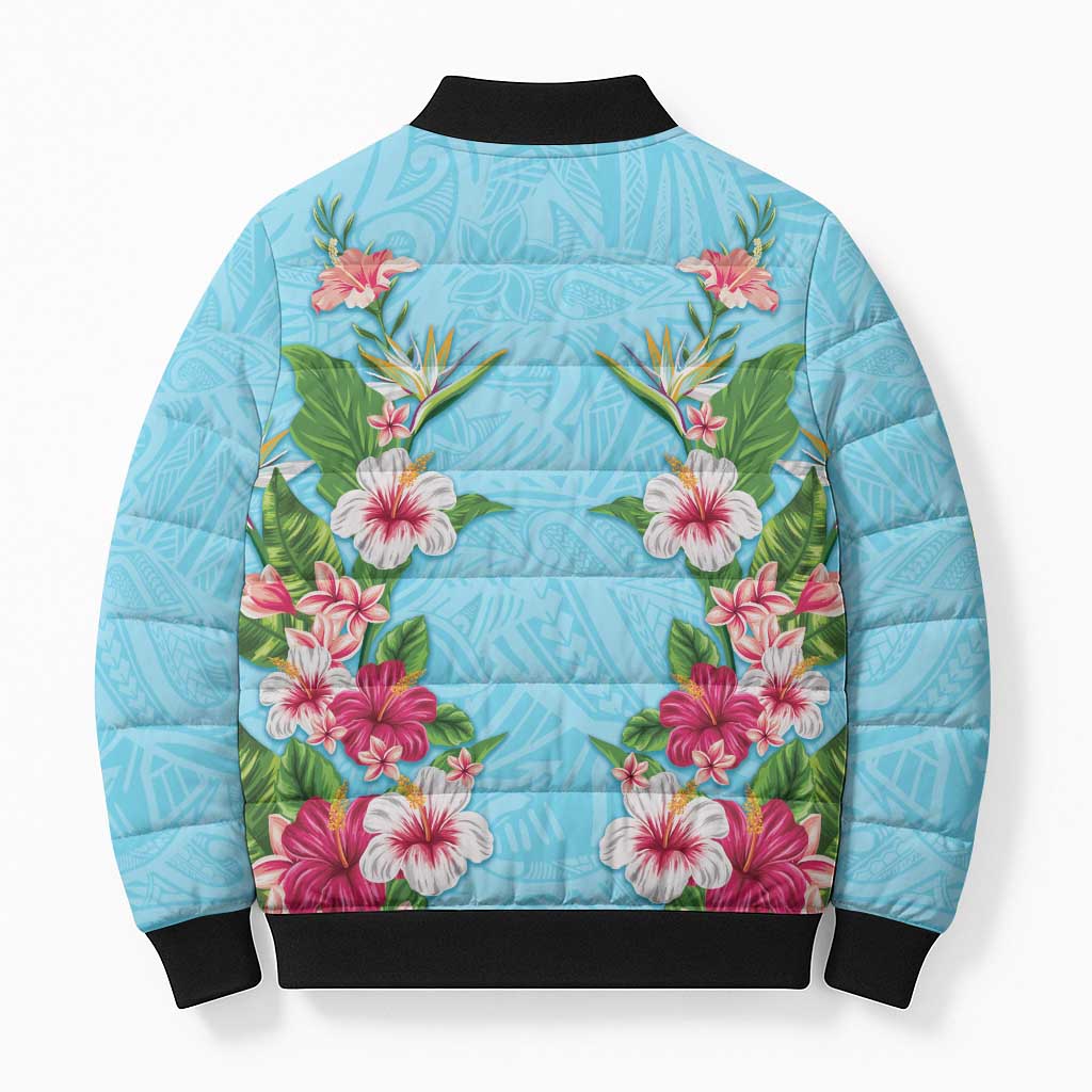 Hawaii Tropical Flowers Bomber Puffer Jacket Sky Blue Polynesian Tattoo Art LT05 - Polynesian Pride