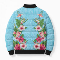 Hawaii Tropical Flowers Bomber Puffer Jacket Sky Blue Polynesian Tattoo Art LT05 - Polynesian Pride