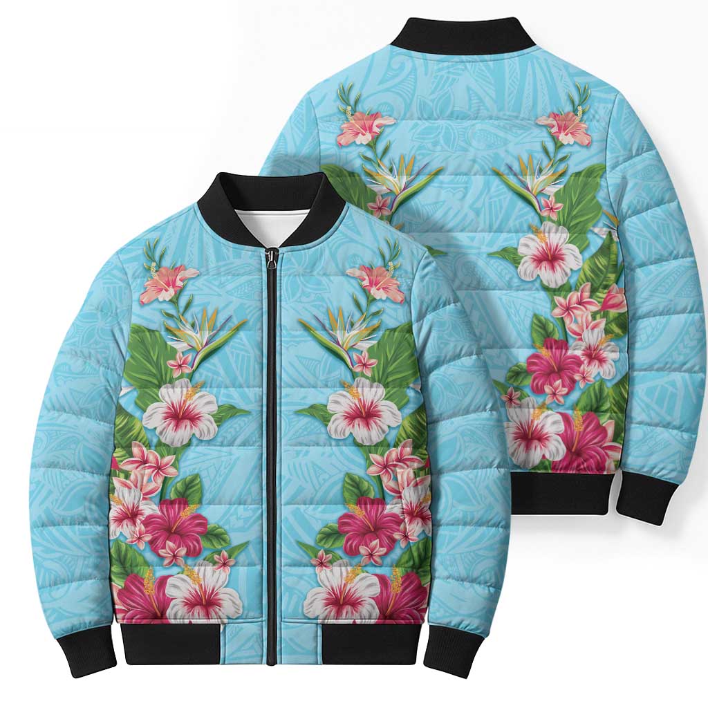 Hawaii Tropical Flowers Bomber Puffer Jacket Sky Blue Polynesian Tattoo Art LT05 - Polynesian Pride