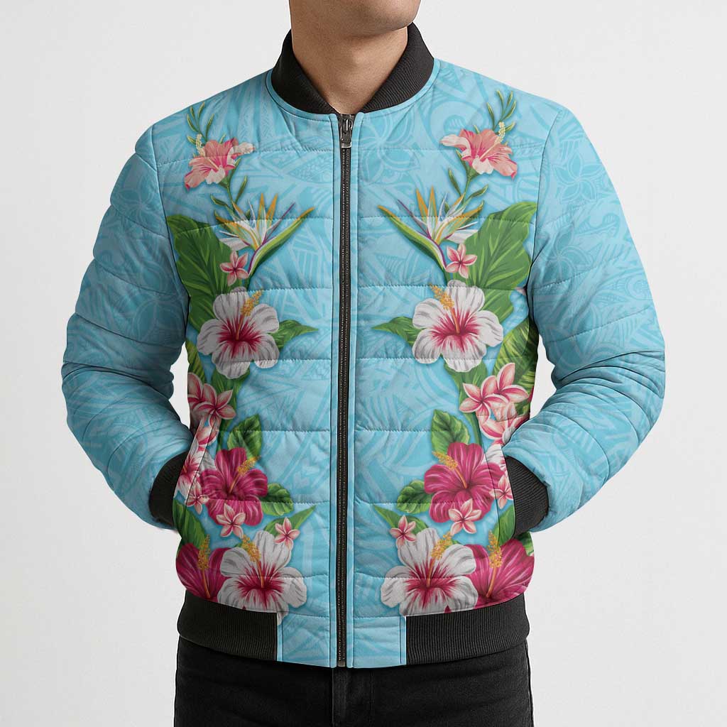 Hawaii Tropical Flowers Bomber Puffer Jacket Sky Blue Polynesian Tattoo Art LT05 - Polynesian Pride