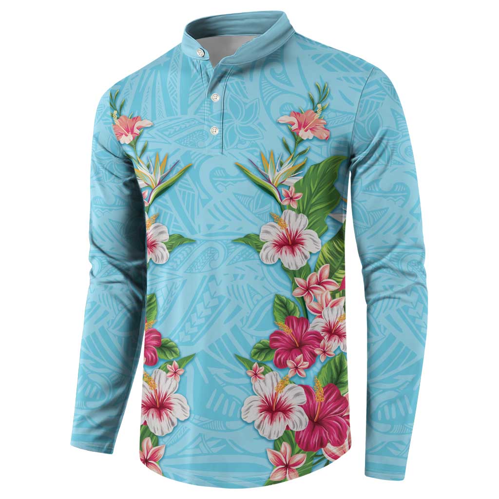Hawaii Tropical Flowers Button Sweatshirt Sky Blue Polynesian Tattoo Art LT05 - Polynesian Pride