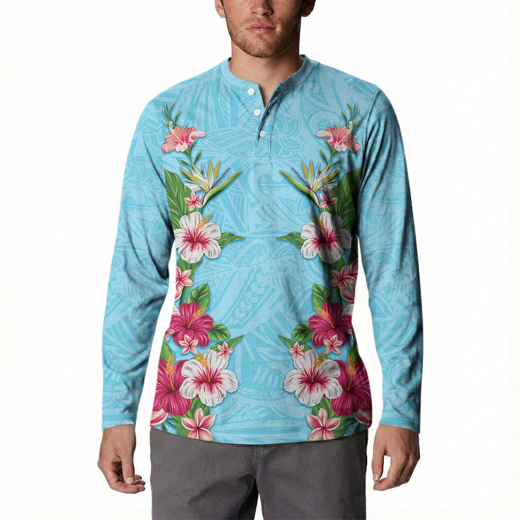 Hawaii Tropical Flowers Button Sweatshirt Sky Blue Polynesian Tattoo Art LT05 - Polynesian Pride