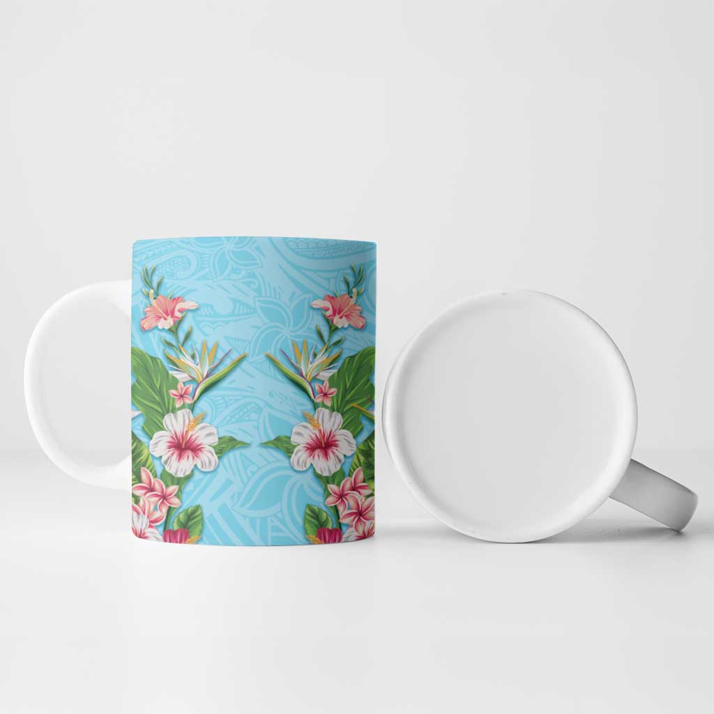 Hawaii Tropical Flowers Ceramic Mug Sky Blue Polynesian Tattoo Art LT05 - Polynesian Pride