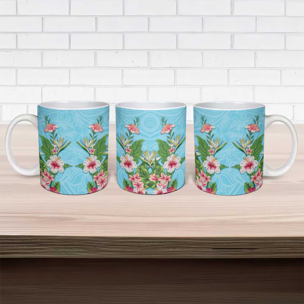Hawaii Tropical Flowers Ceramic Mug Sky Blue Polynesian Tattoo Art LT05 - Polynesian Pride