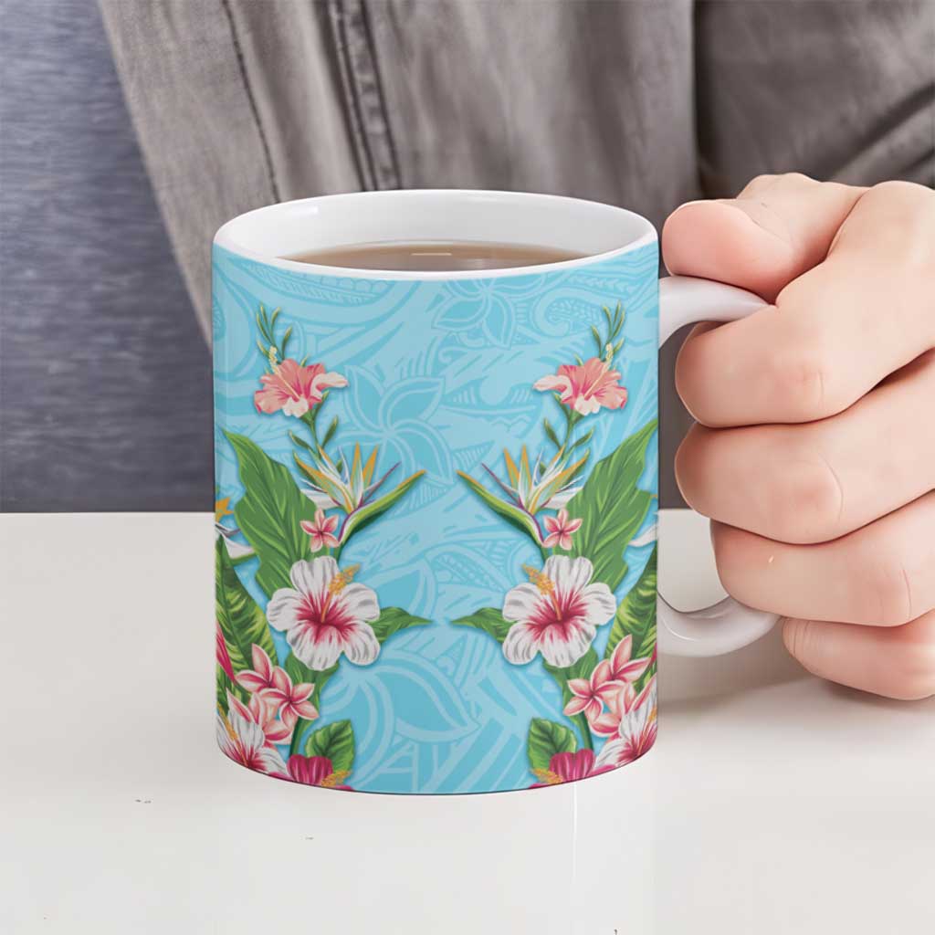 Hawaii Tropical Flowers Ceramic Mug Sky Blue Polynesian Tattoo Art LT05 - Polynesian Pride