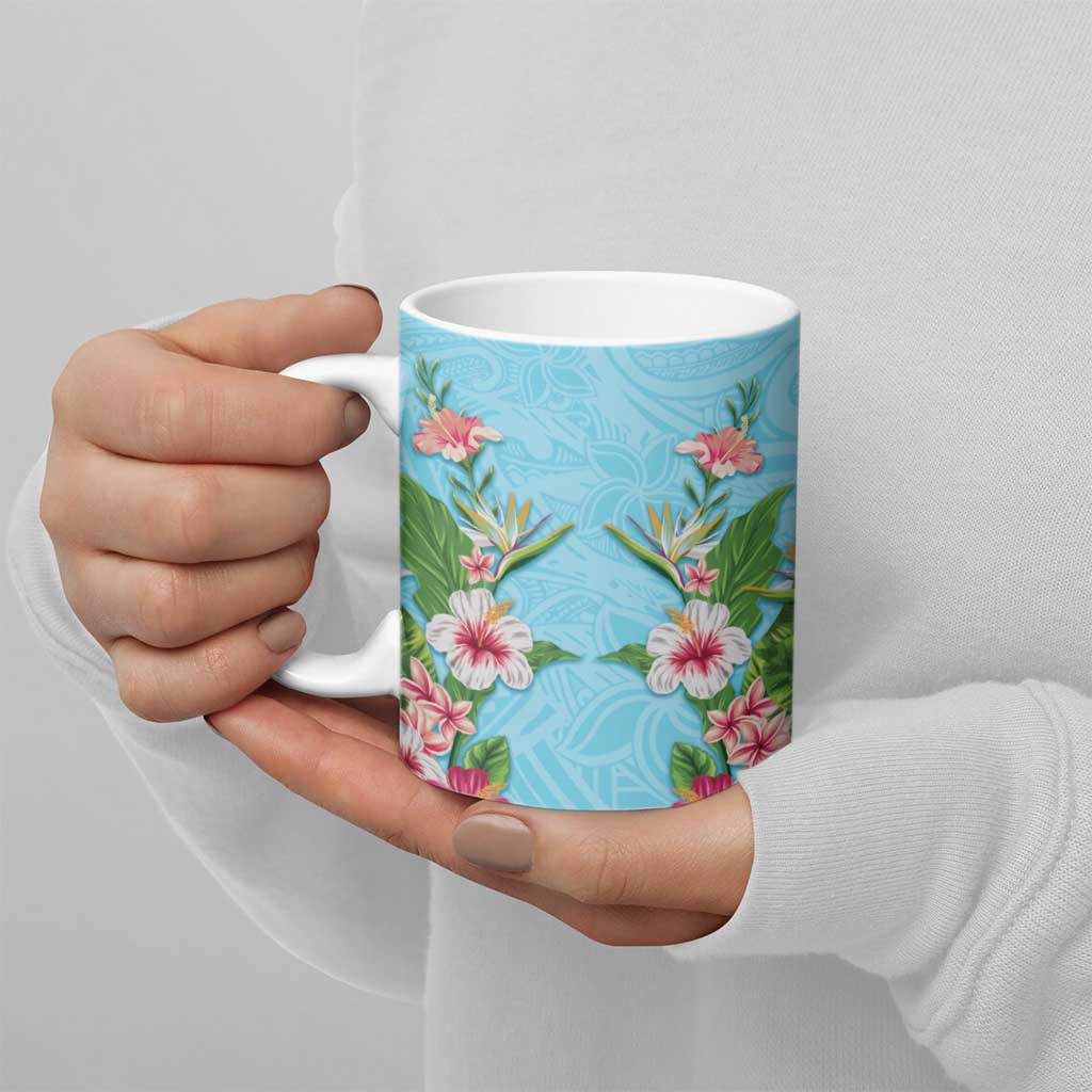 Hawaii Tropical Flowers Ceramic Mug Sky Blue Polynesian Tattoo Art LT05 - Polynesian Pride
