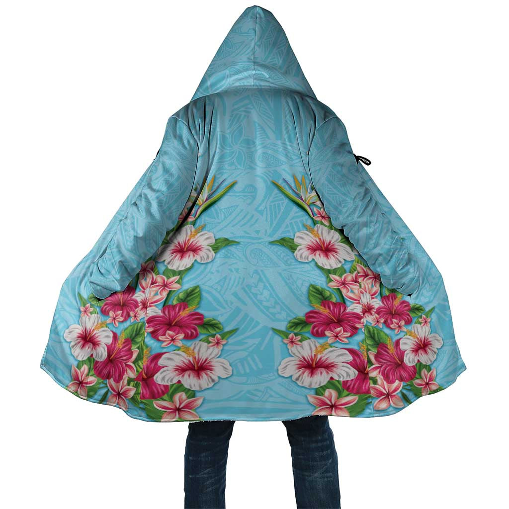 Hawaii Tropical Flowers Cloak Sky Blue Polynesian Tattoo Art LT05 Unisex Blue - Polynesian Pride