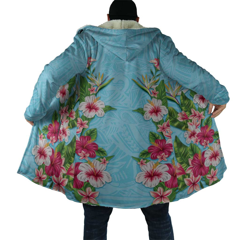 Hawaii Tropical Flowers Cloak Sky Blue Polynesian Tattoo Art LT05 - Polynesian Pride