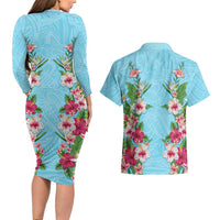 Hawaii Tropical Flowers Couples Matching Long Sleeve Bodycon Dress and Hawaiian Shirt Sky Blue Polynesian Tattoo Art