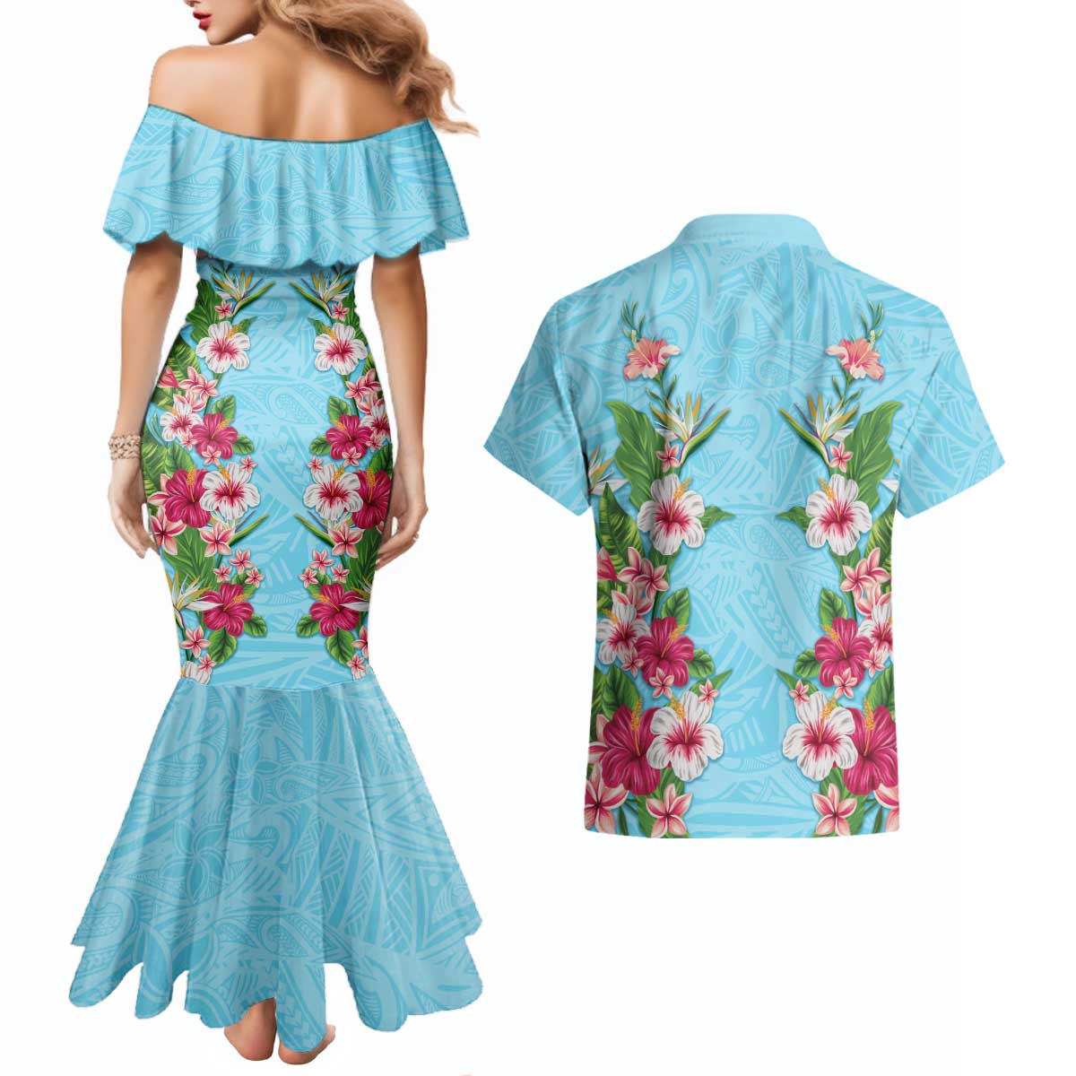 Hawaii Tropical Flowers Couples Matching Mermaid Dress and Hawaiian Shirt Sky Blue Polynesian Tattoo Art