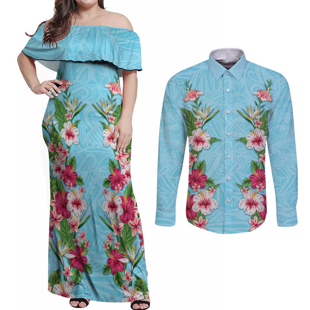 Hawaii Tropical Flowers Couples Matching Off Shoulder Maxi Dress and Long Sleeve Button Shirt Sky Blue Polynesian Tattoo Art LT05 Blue - Polynesian Pride