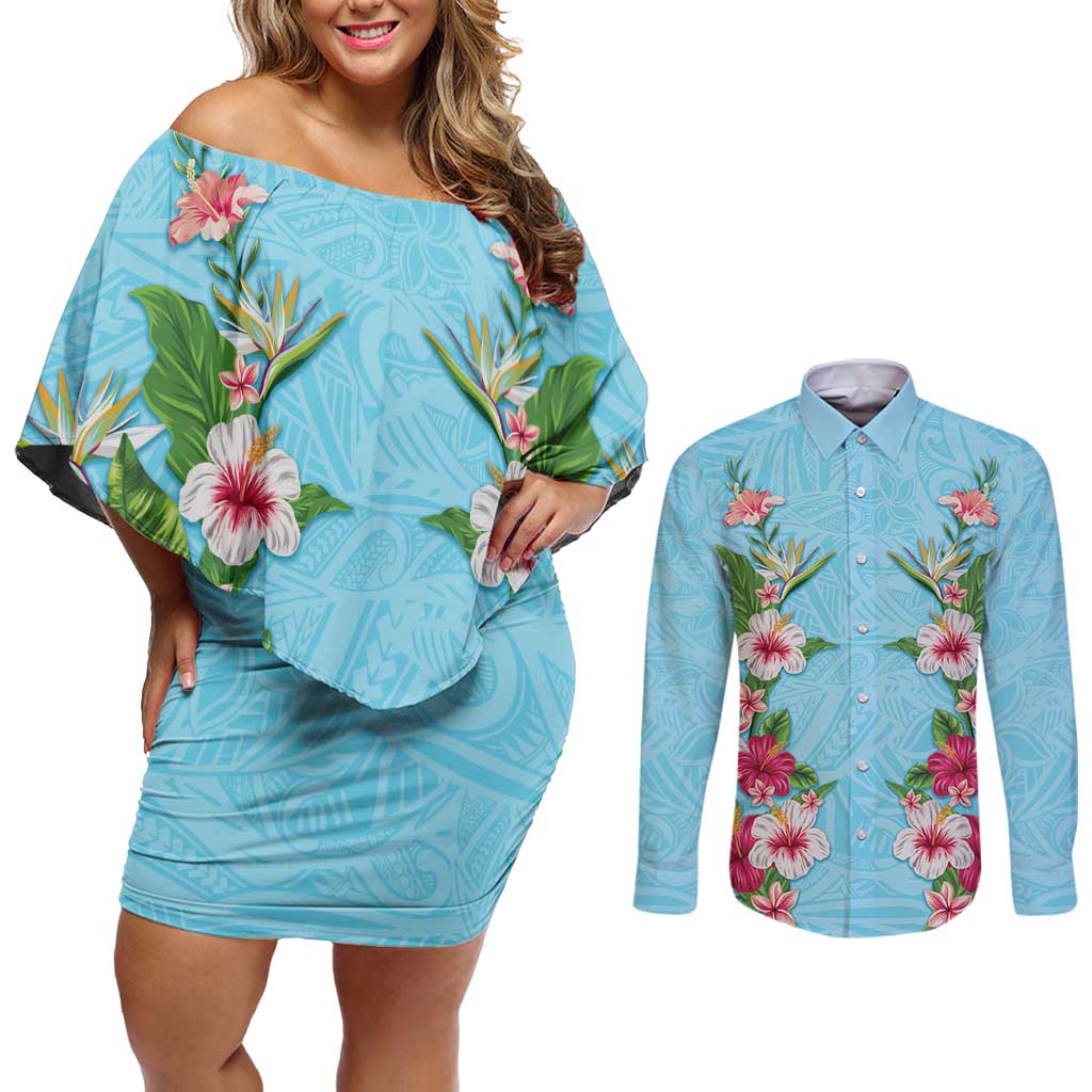 Hawaii Tropical Flowers Couples Matching Off Shoulder Short Dress and Long Sleeve Button Shirt Sky Blue Polynesian Tattoo Art LT05 Blue - Polynesian Pride