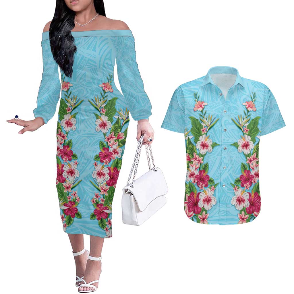 Hawaii Tropical Flowers Couples Matching Off The Shoulder Long Sleeve Dress and Hawaiian Shirt Sky Blue Polynesian Tattoo Art