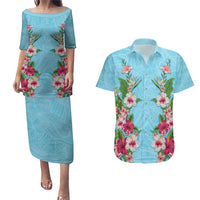 Hawaii Tropical Flowers Couples Matching Puletasi and Hawaiian Shirt Sky Blue Polynesian Tattoo Art LT05 Blue - Polynesian Pride