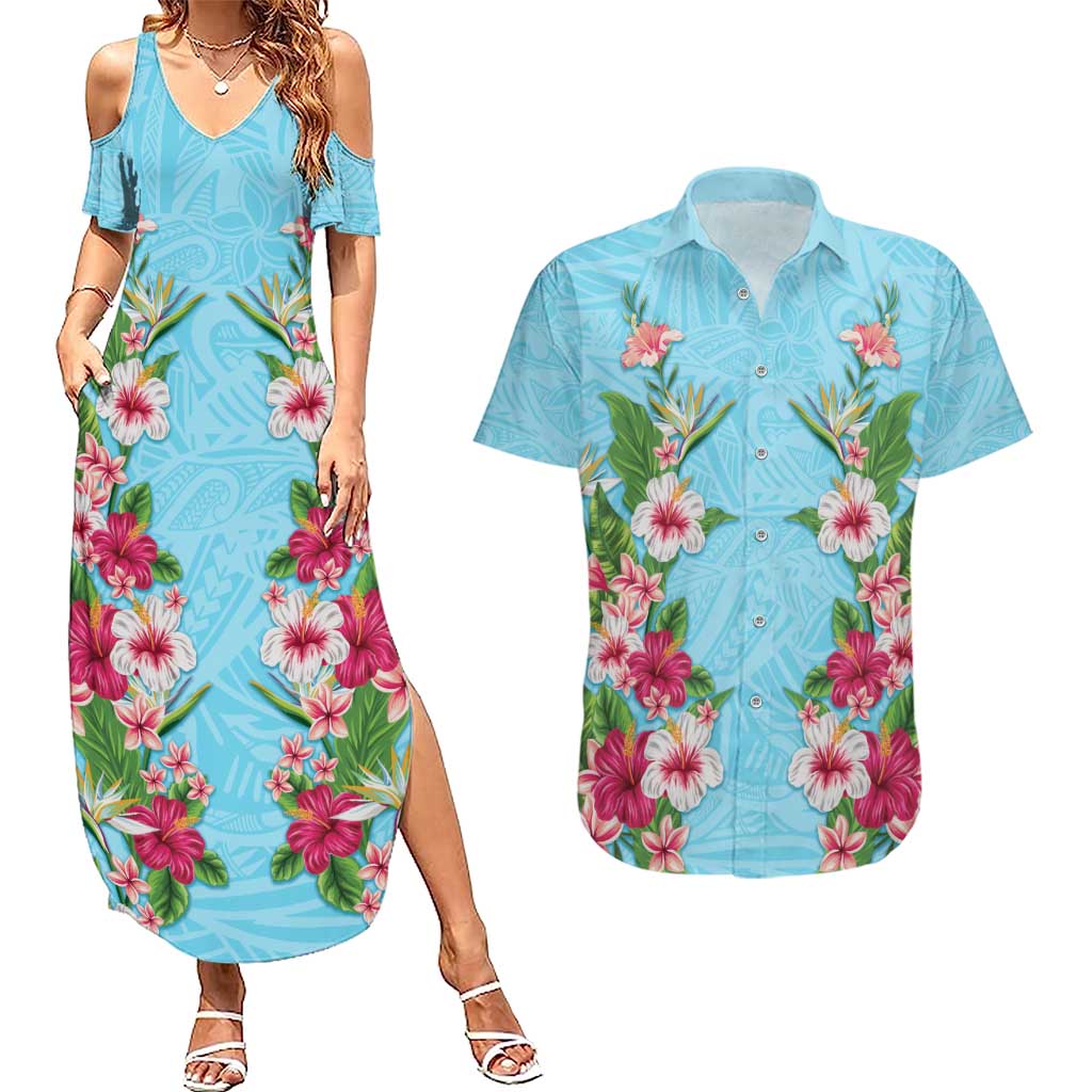 Hawaii Tropical Flowers Couples Matching Summer Maxi Dress and Hawaiian Shirt Sky Blue Polynesian Tattoo Art LT05 Blue - Polynesian Pride