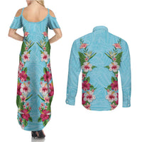 Hawaii Tropical Flowers Couples Matching Summer Maxi Dress and Long Sleeve Button Shirt Sky Blue Polynesian Tattoo Art LT05 - Polynesian Pride