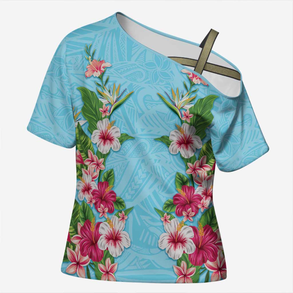 Hawaii Tropical Flowers Cross Shoulder Shirt Sky Blue Polynesian Tattoo Art LT05 Female Blue - Polynesian Pride