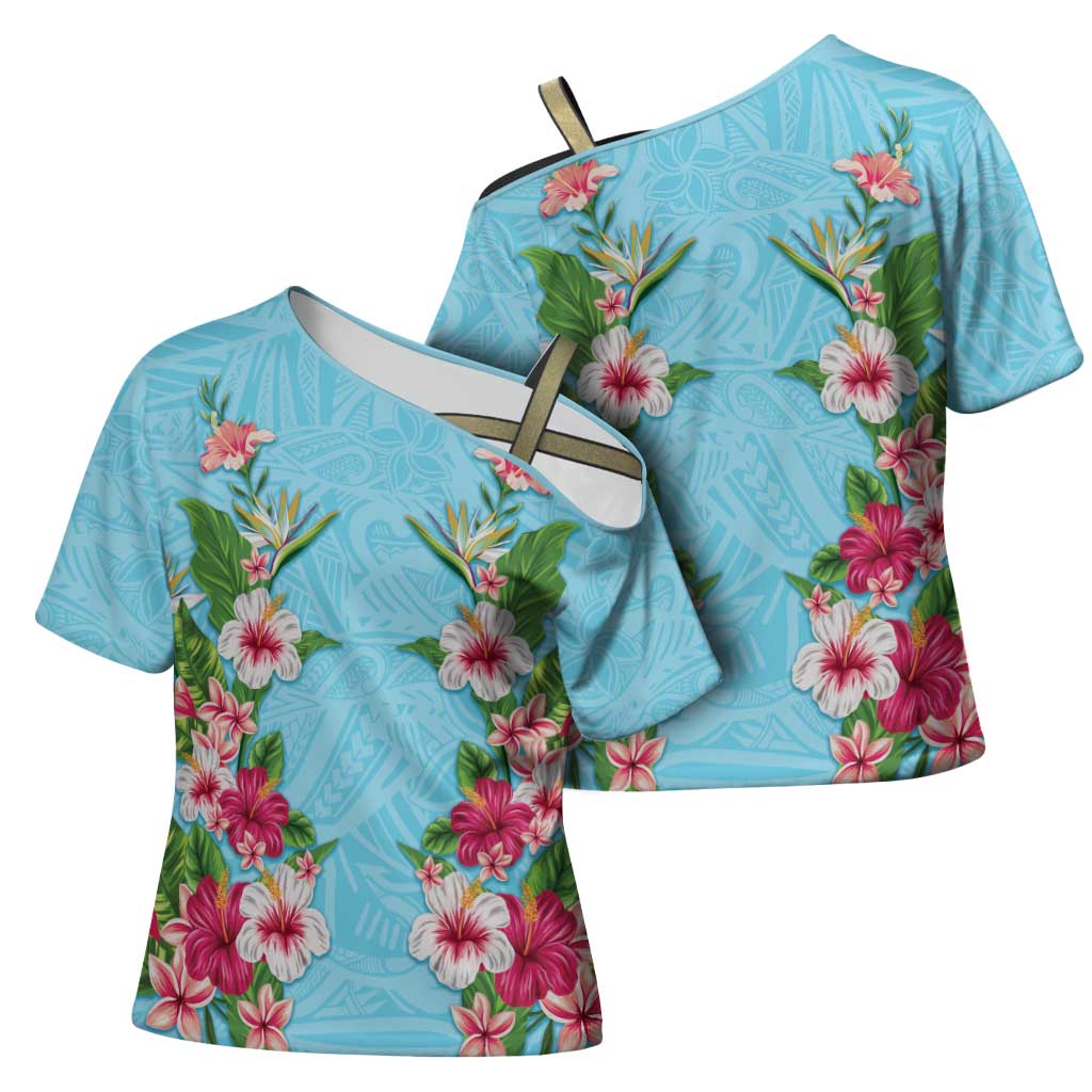 Hawaii Tropical Flowers Cross Shoulder Shirt Sky Blue Polynesian Tattoo Art LT05 - Polynesian Pride