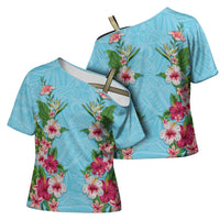 Hawaii Tropical Flowers Cross Shoulder Shirt Sky Blue Polynesian Tattoo Art LT05 - Polynesian Pride