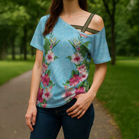 Hawaii Tropical Flowers Cross Shoulder Shirt Sky Blue Polynesian Tattoo Art LT05 - Polynesian Pride