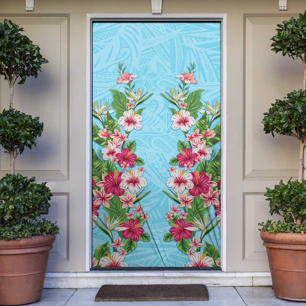 Hawaii Tropical Flowers Door Cover Sky Blue Polynesian Tattoo Art