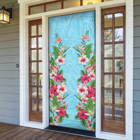 Hawaii Tropical Flowers Door Cover Sky Blue Polynesian Tattoo Art