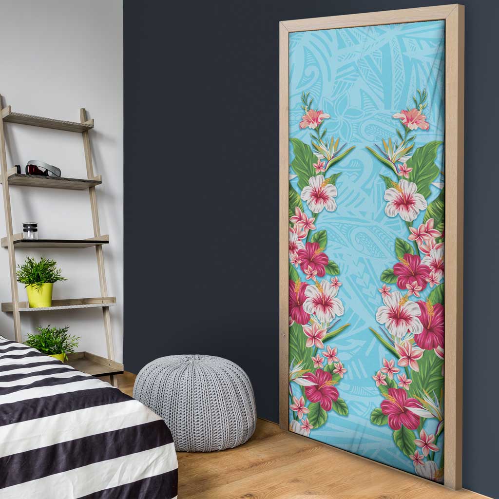 Hawaii Tropical Flowers Door Cover Sky Blue Polynesian Tattoo Art