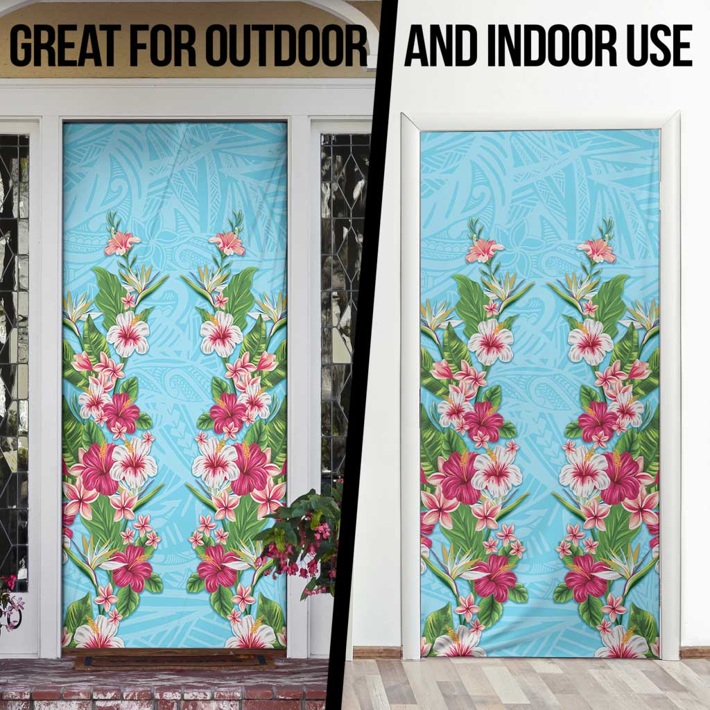 Hawaii Tropical Flowers Door Cover Sky Blue Polynesian Tattoo Art