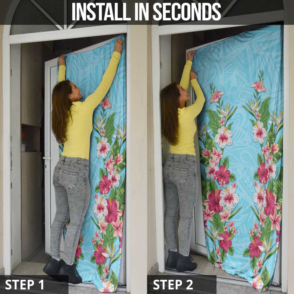 Hawaii Tropical Flowers Door Cover Sky Blue Polynesian Tattoo Art