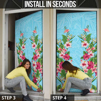 Hawaii Tropical Flowers Door Cover Sky Blue Polynesian Tattoo Art