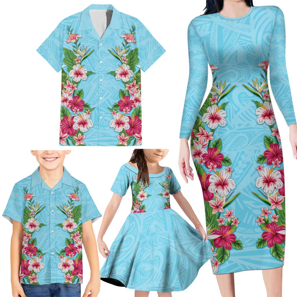 Hawaii Tropical Flowers Family Matching Long Sleeve Bodycon Dress and Hawaiian Shirt Sky Blue Polynesian Tattoo Art