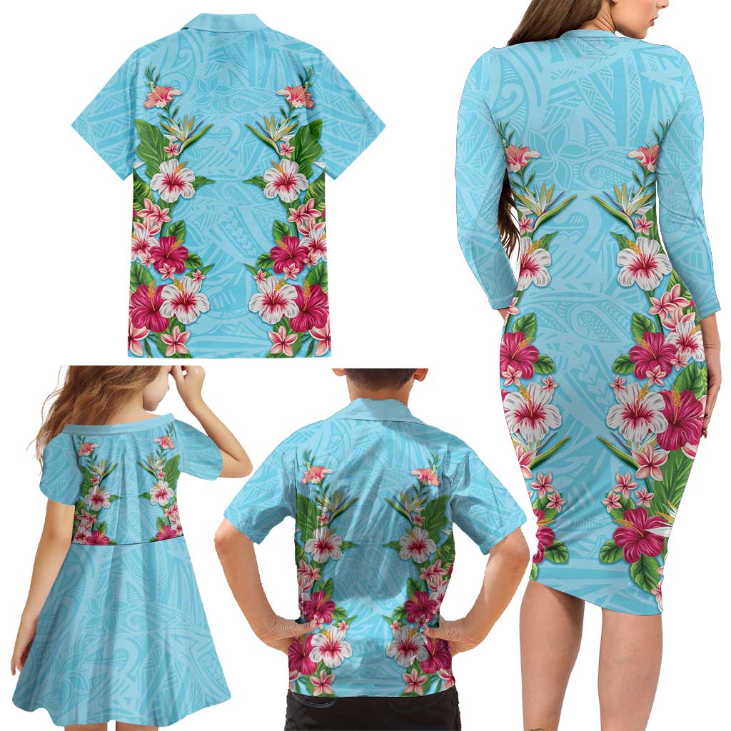 Hawaii Tropical Flowers Family Matching Long Sleeve Bodycon Dress and Hawaiian Shirt Sky Blue Polynesian Tattoo Art