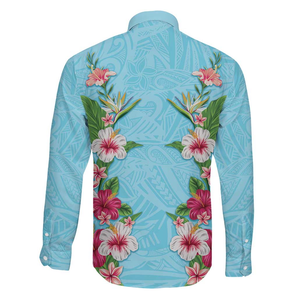 Hawaii Tropical Flowers Family Matching Long Sleeve Bodycon Dress and Hawaiian Shirt Sky Blue Polynesian Tattoo Art