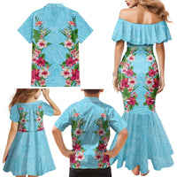 Hawaii Tropical Flowers Family Matching Mermaid Dress and Hawaiian Shirt Sky Blue Polynesian Tattoo Art