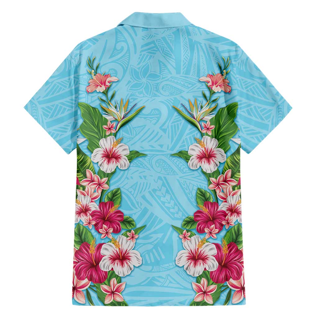Hawaii Tropical Flowers Family Matching Mermaid Dress and Hawaiian Shirt Sky Blue Polynesian Tattoo Art