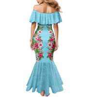 Hawaii Tropical Flowers Family Matching Mermaid Dress and Hawaiian Shirt Sky Blue Polynesian Tattoo Art