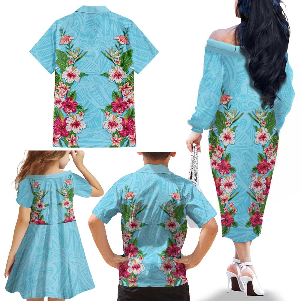 Hawaii Tropical Flowers Family Matching Off The Shoulder Long Sleeve Dress and Hawaiian Shirt Sky Blue Polynesian Tattoo Art