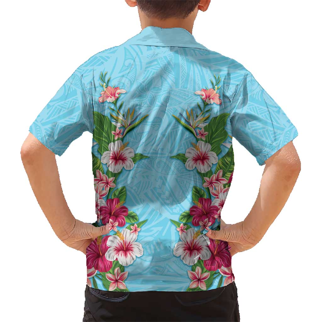 Hawaii Tropical Flowers Family Matching Off Shoulder Maxi Dress and Hawaiian Shirt Sky Blue Polynesian Tattoo Art