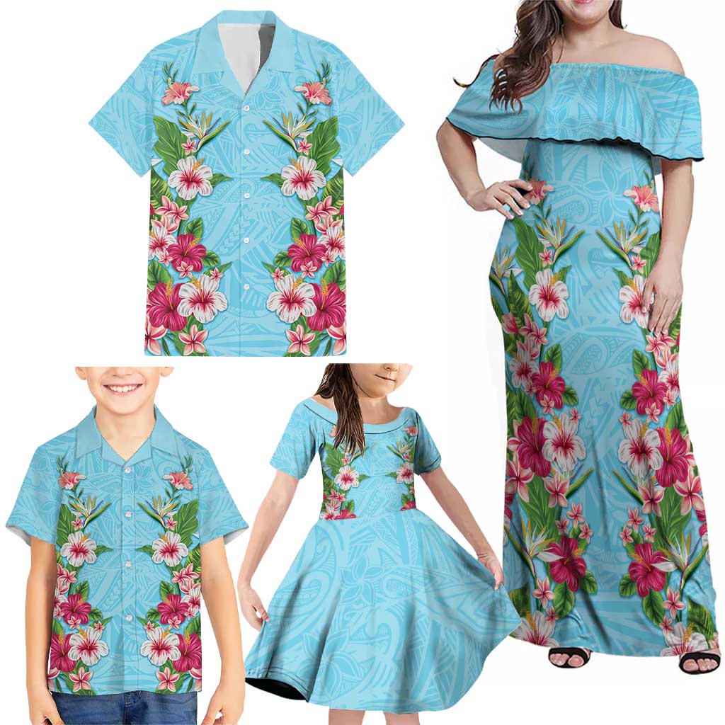 Hawaii Tropical Flowers Family Matching Off Shoulder Maxi Dress and Hawaiian Shirt Sky Blue Polynesian Tattoo Art
