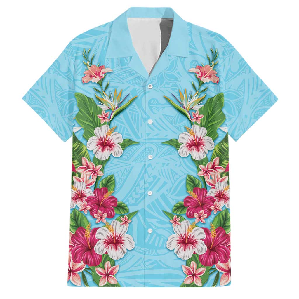 Hawaii Tropical Flowers Family Matching Off Shoulder Maxi Dress and Hawaiian Shirt Sky Blue Polynesian Tattoo Art