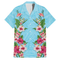 Hawaii Tropical Flowers Family Matching Off Shoulder Maxi Dress and Hawaiian Shirt Sky Blue Polynesian Tattoo Art
