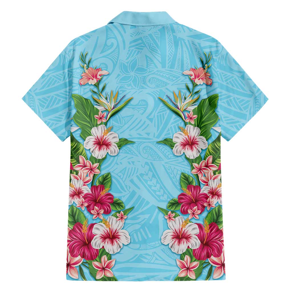 Hawaii Tropical Flowers Family Matching Off Shoulder Maxi Dress and Hawaiian Shirt Sky Blue Polynesian Tattoo Art
