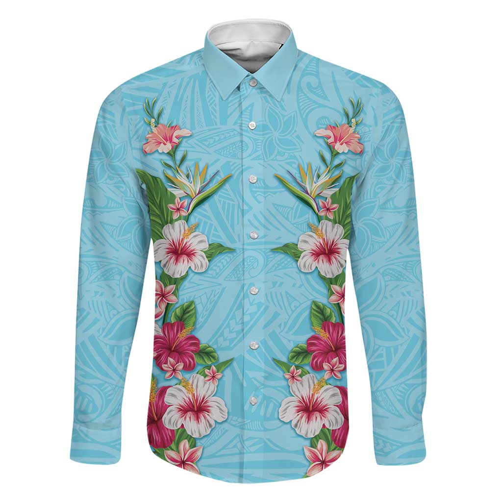 Hawaii Tropical Flowers Family Matching Off Shoulder Maxi Dress and Hawaiian Shirt Sky Blue Polynesian Tattoo Art