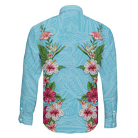 Hawaii Tropical Flowers Family Matching Off Shoulder Maxi Dress and Hawaiian Shirt Sky Blue Polynesian Tattoo Art